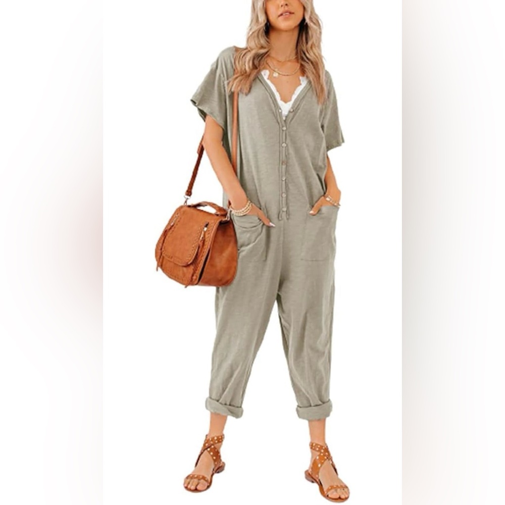 Aoysky Oversize One Piece Button Up Jumpsuit Short Sleeve V Neck, Small, Khaki